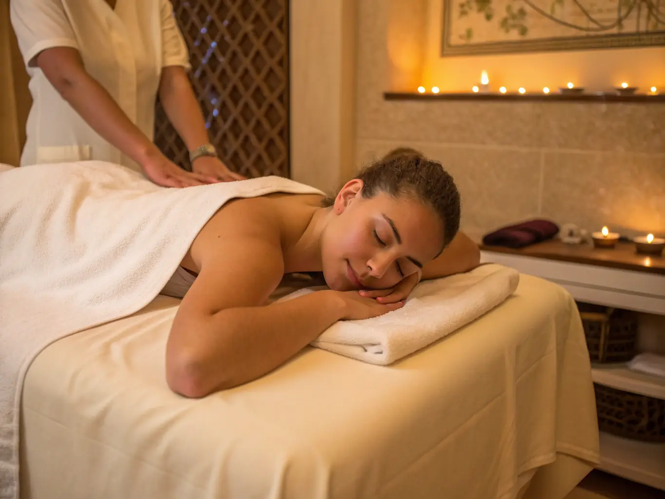 A serene image of a person receiving a gentle neck massage in a dimly lit, calming spa environment, emphasizing relaxation and tension release.
