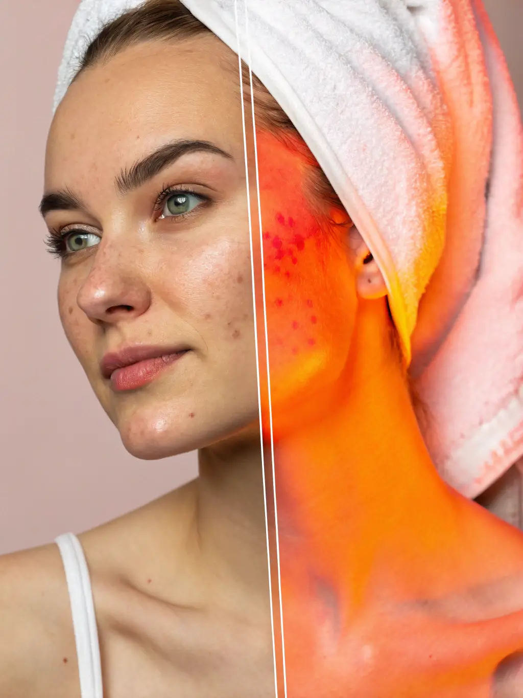 A before-and-after comparison photo showing a reduction in skin blemishes and improved clarity after undergoing treatments at Nuno Gois Therapies.