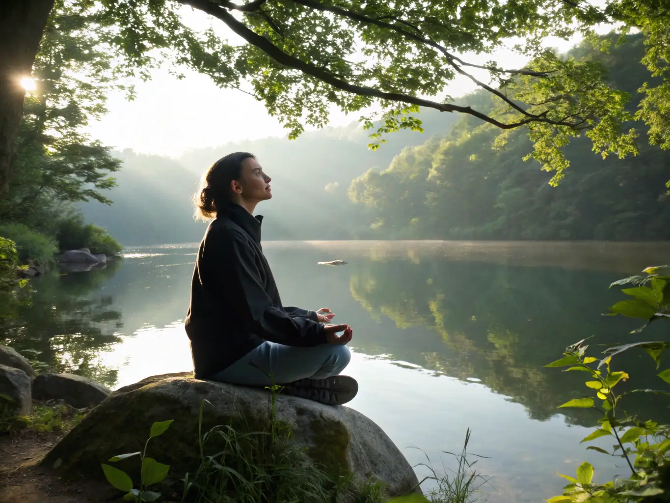 A person meditating peacefully in a natural setting, surrounded by calming elements like water and greenery, symbolizing inner peace and harmony.
