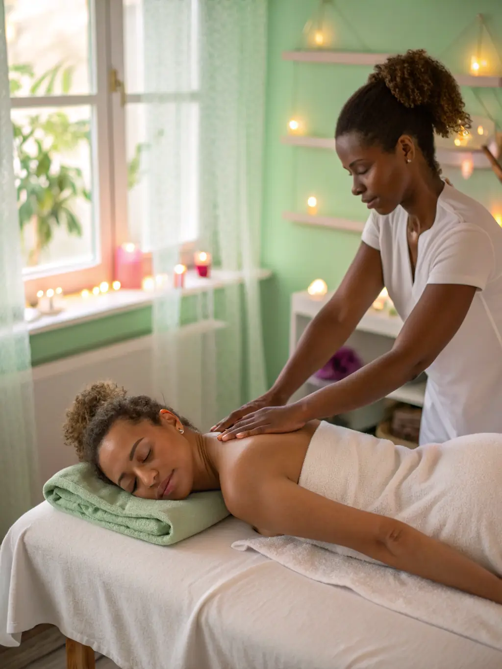 A serene image of a therapist performing a Swedish massage on a client in a dimly lit room with soft, ambient lighting, emphasizing relaxation and tranquility.