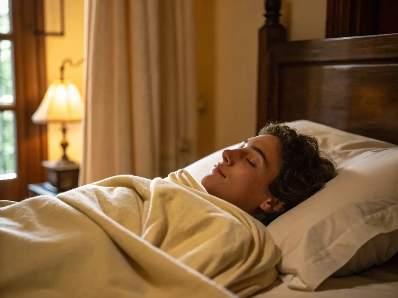A comforting image showing a person sleeping peacefully, with soft lighting and a tranquil setting, symbolizing improved sleep quality through auricular acupuncture.
