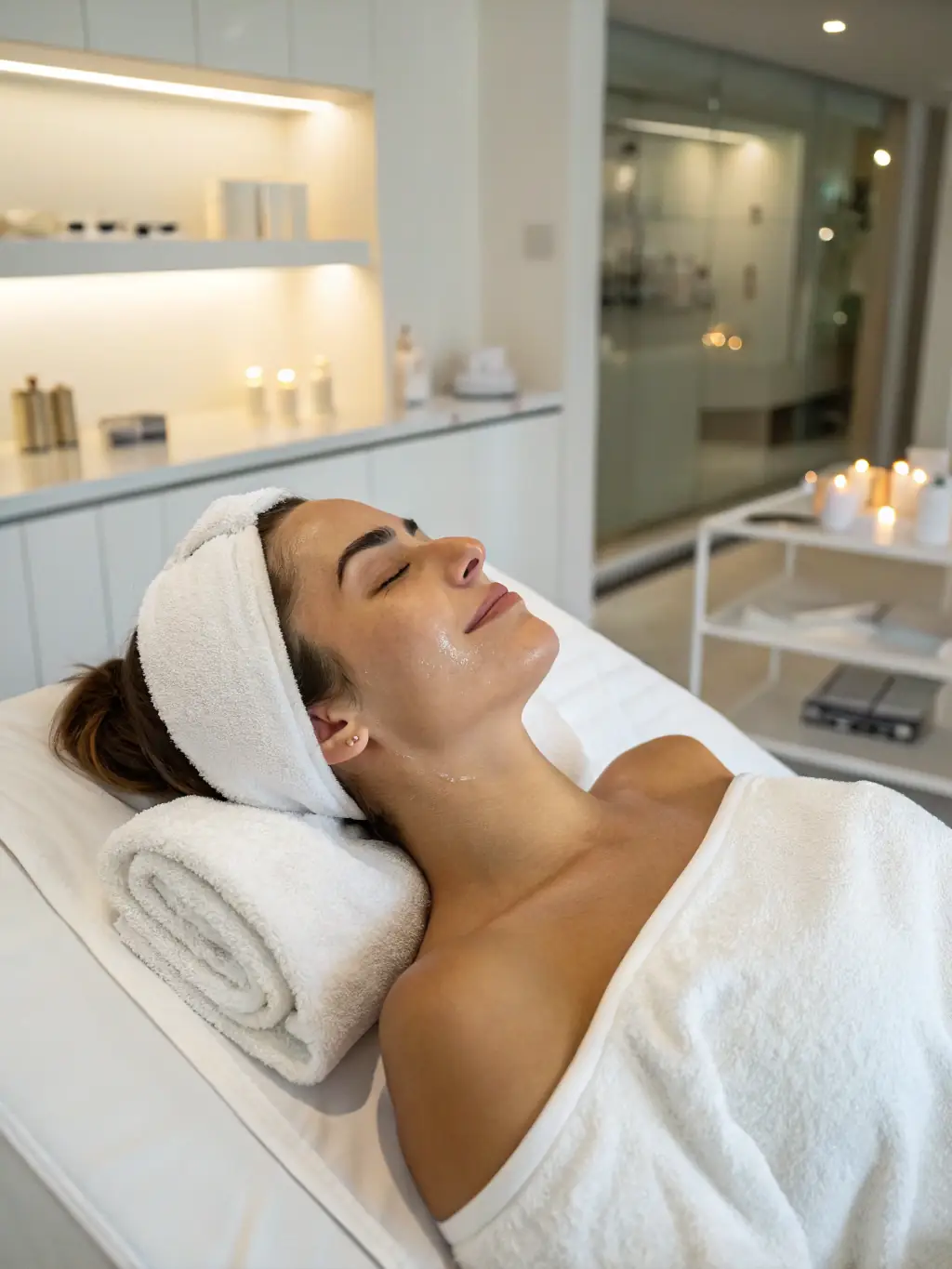 A relaxed individual enjoying a skin treatment at Nuno Gois Therapies, emphasizing the stress-relieving and rejuvenating aspects of the experience.