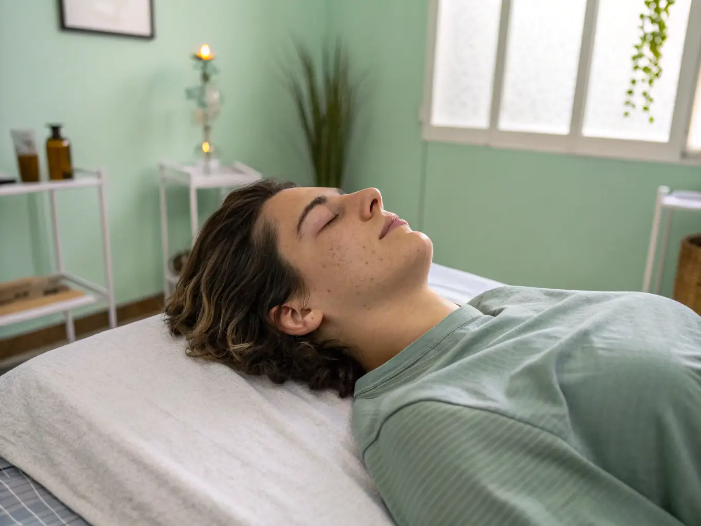 A serene image depicting a person receiving auricular acupuncture, with focus on the gentle placement of needles on the ear, set in a calming, natural light environment, representing stress reduction.