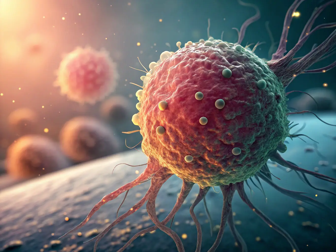 A microscopic view of collagen fibers forming a network, with a healthy, glowing skin cell in the background. The colors are vibrant and emphasize the structural integrity of collagen.