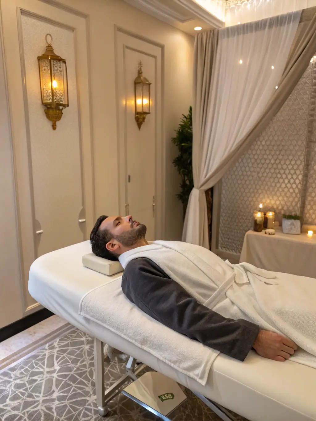 A person lying down comfortably, receiving Reiki treatment, while soft, ambient music plays in the background, creating a peaceful and restorative environment.