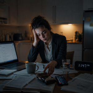 Exhausted professional reaching for sugary snacks due to stress and emotional eating