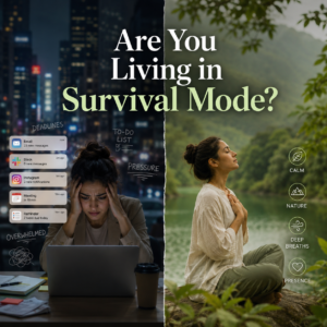 Split image showing stressed person working on a laptop with phone notifications in a busy city contrasted with a calm person practicing deep breathing in nature, asking "Are You Living in Survival Mode?
